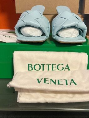 Bottega Veneta Powder Blue Intrecciato Leather Heeled Mules